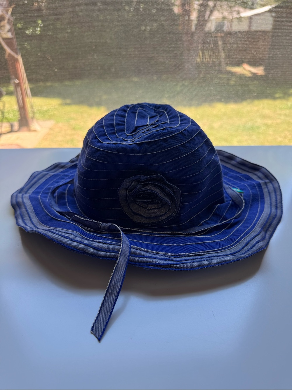 Girls' Navy Sun Hat with Flower Detail and Chin Tie